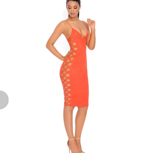 Oh polly SUEDE CUT OUT MIDI DRESS ORANGE - Picture 2 of 5